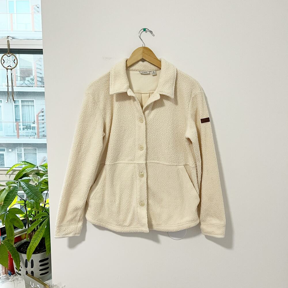 LL Bean White Fuzzy Sherpa Button Up Top Size Small